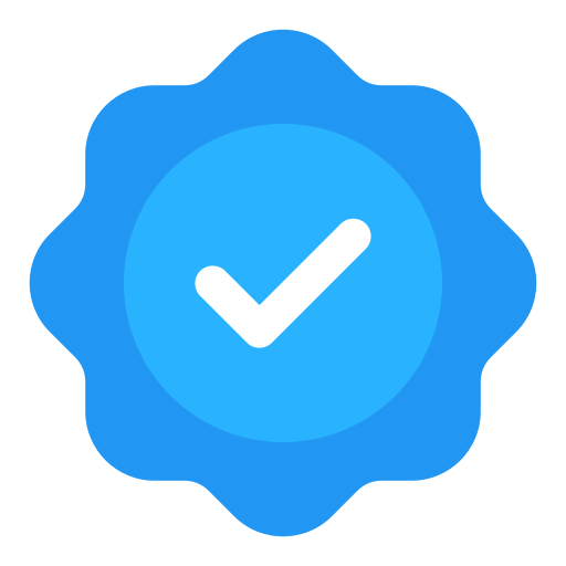 Blue badge with a checkmark in the center, symbolizing verification or approval.
